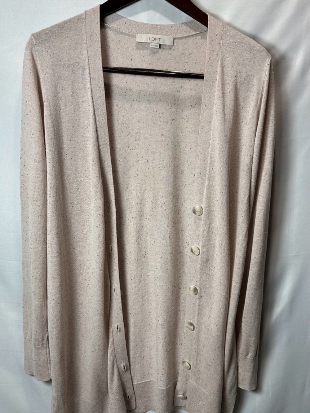 LOFT Speckled Knit Cardigan Sweater – Side Slit Detail, Beige with Pinkish Tone,